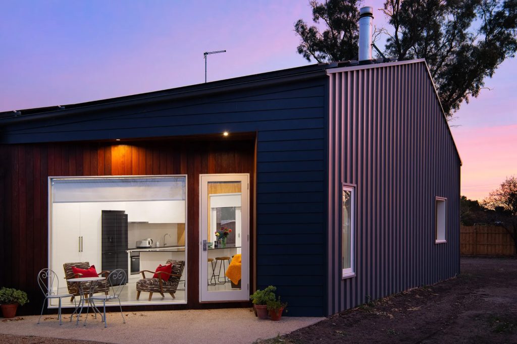 Modern house exterior at sunset